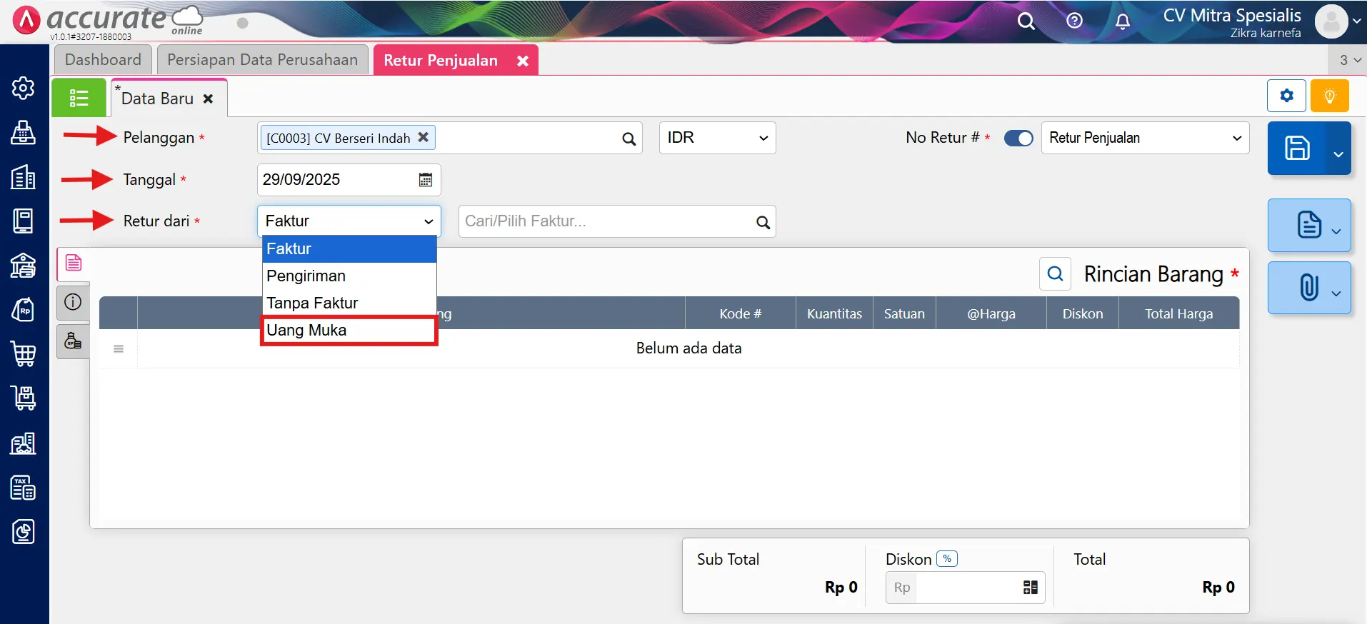 Cara retur penjualan uang muka yang lunas